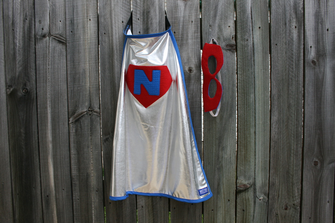 Personalised Super Cape in Blue and Red with Red Mask